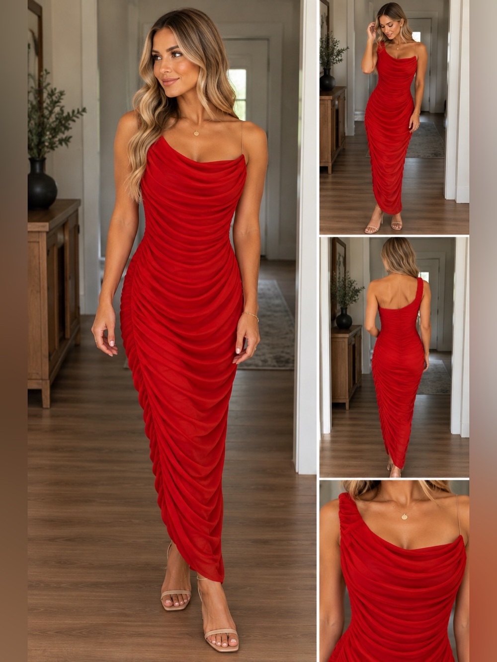 Lulu's Red One-Shoulder Ruched Midi Dress